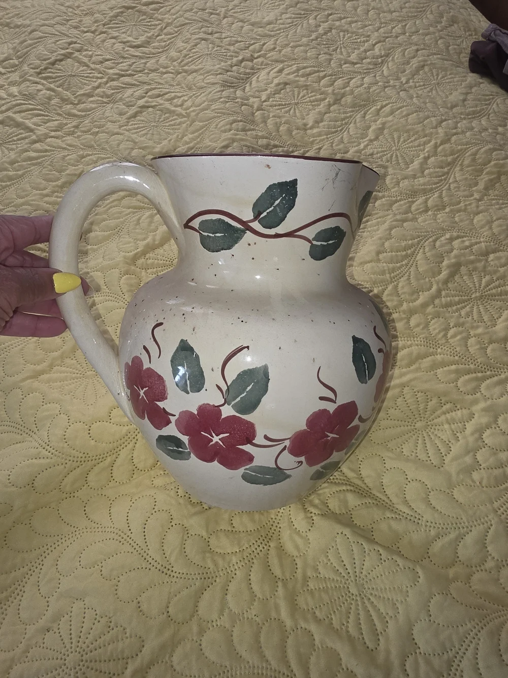 Cream Ceramic Pitcher with Red Floral Design